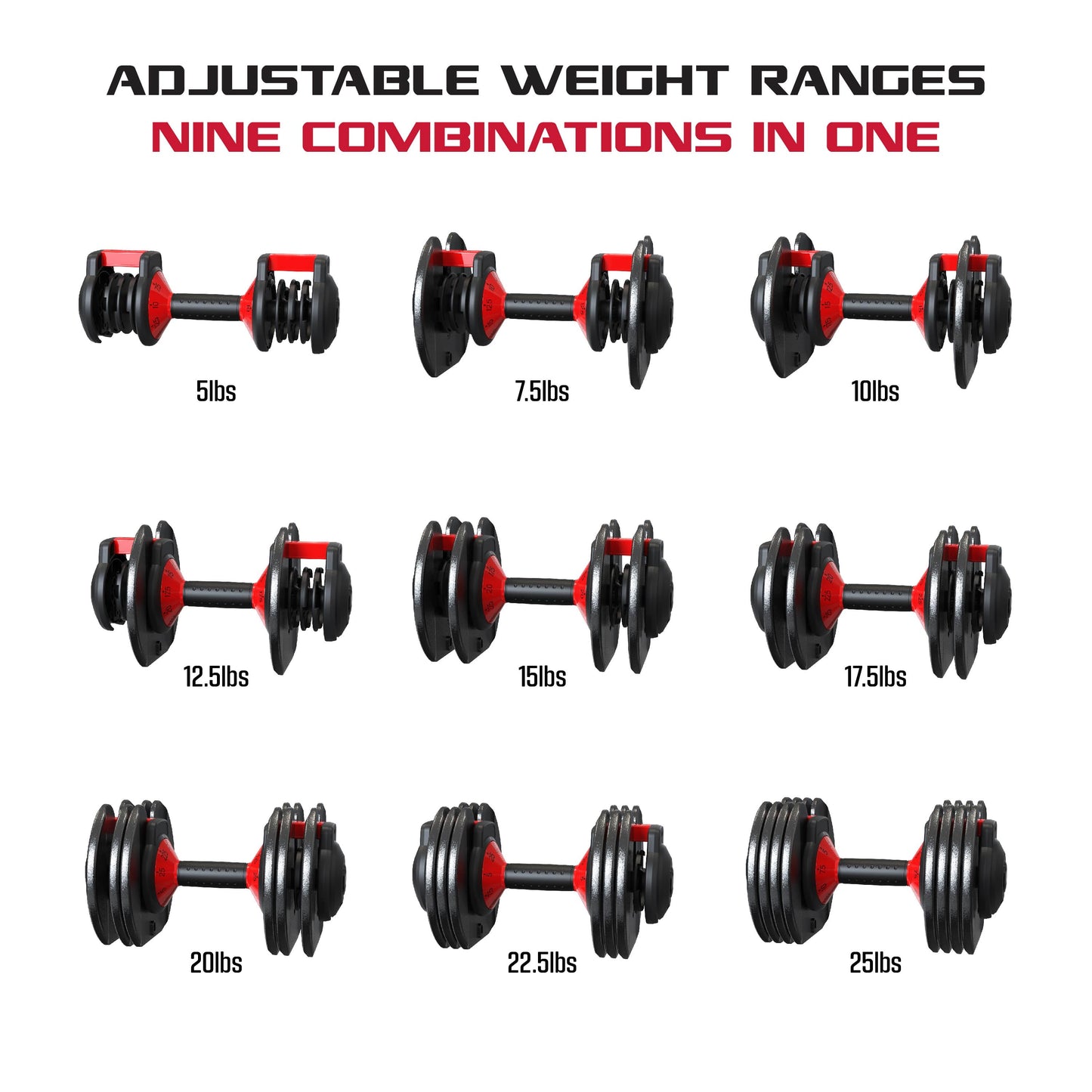 (2 Pack) Smartbell, 25Lbs. Quick-Select 9 in 1 Adjustable Dumbbell for Home Gym, 5-25Lbs. Weight in 2.5Lbs Increments