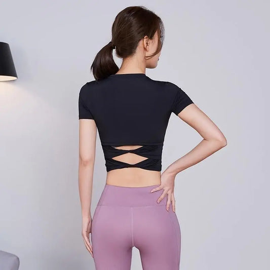 Woman T-Shirts Yoga Workout Sexy Tights Beauty Back Summer Navel Sports Top Short-Sleeved Quick Drying Breathable Trainining Gym