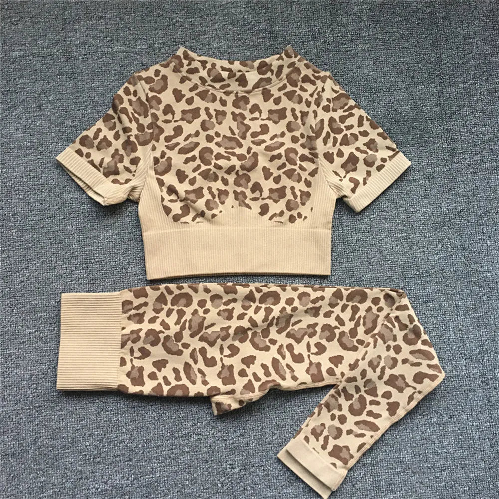 2024 Women Fashion Sexy Leopard Printed 2 PCS Yoga Set Gym Shockproof Sports Bras Sport Leggings Running Work Out Training Suit