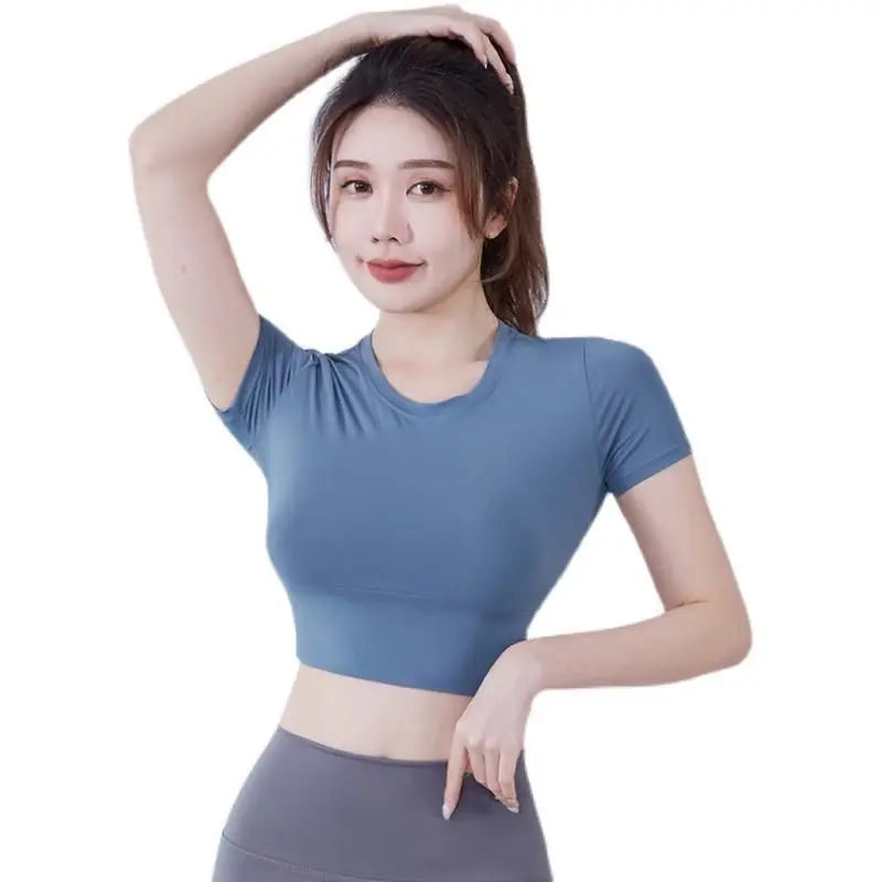 Woman T-Shirts Yoga Workout Sexy Tights Beauty Back Summer Navel Sports Top Short-Sleeved Quick Drying Breathable Trainining Gym
