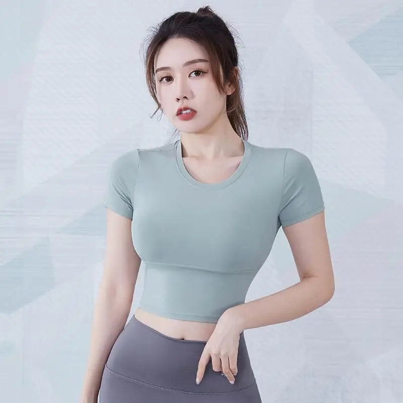 Woman T-Shirts Yoga Workout Sexy Tights Beauty Back Summer Navel Sports Top Short-Sleeved Quick Drying Breathable Trainining Gym
